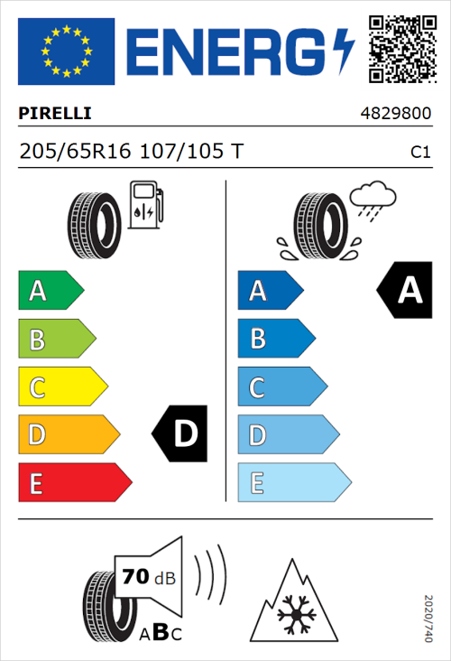 Tyre Label for Pirelli Carrier 205/65R16 107/105T